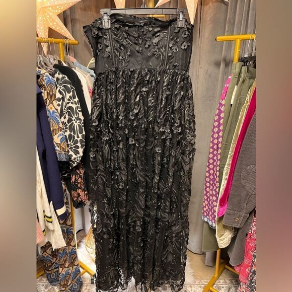 Anthropologie Payal Jain Strapless 3D Floral Beaded Lace Maxi Dress in Black - Picture 6 of 7